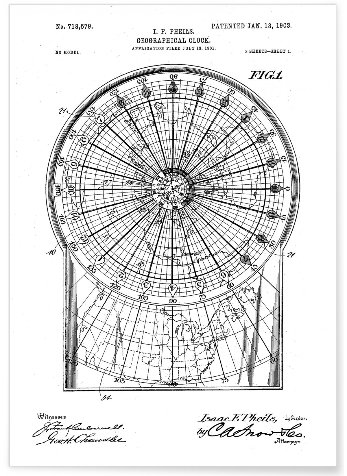 Affiche Brevet Horloge Géographique