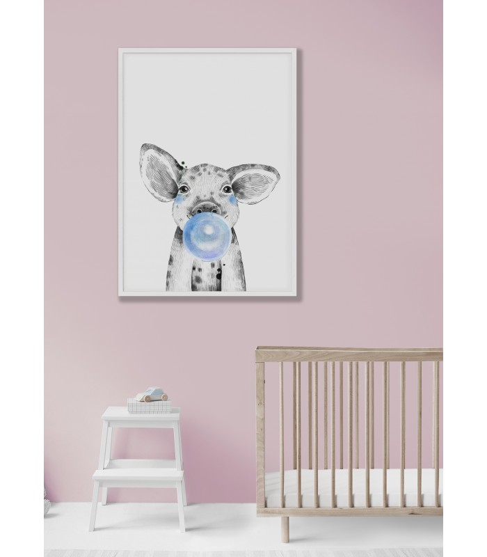 Poster Bulle de bébé Cochon Bleue