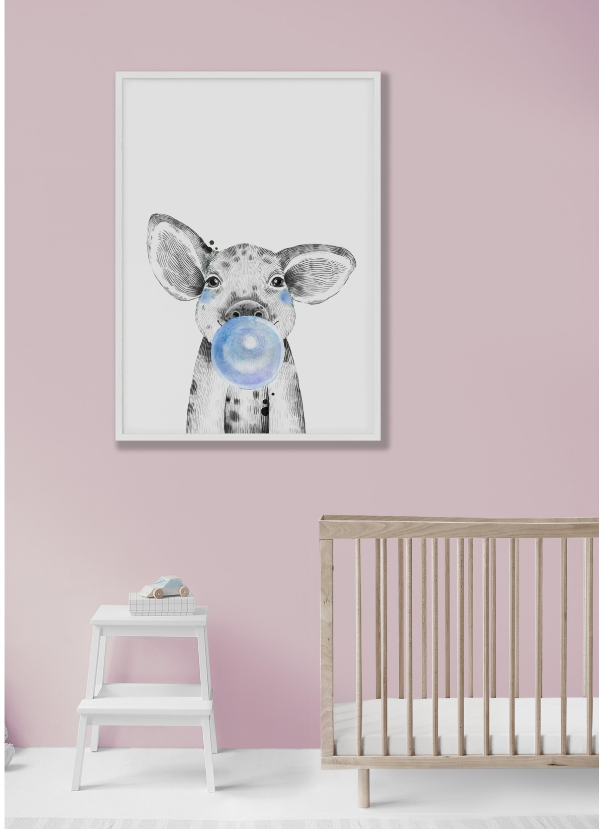 Poster Bulle de bébé Cochon Bleue