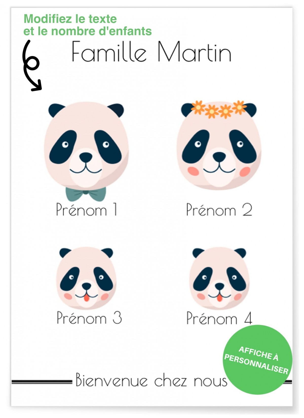 Affiche à personnaliser famille panda |  L’Afficherie