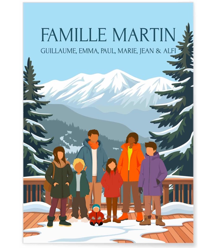 Affiche Famille au ski à personnaliser – Transformez votre famille en Illustration