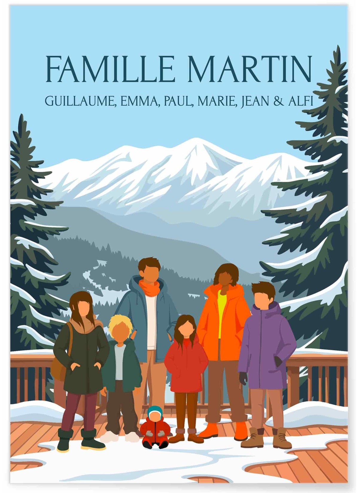 Affiche Famille au ski à personnaliser – Transformez votre famille en Illustration