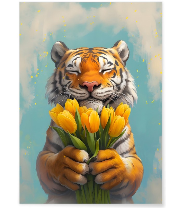Affiche Tigre fleurs jaunes