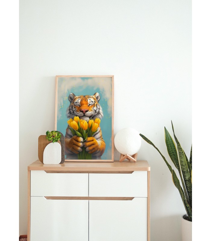 Affiche Tigre fleurs jaunes