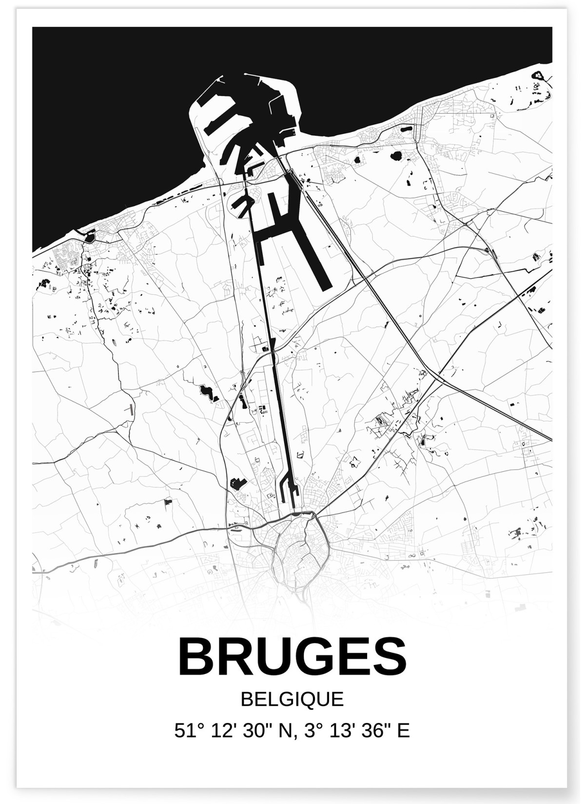 Affiche carte Bruges - rectangle Noir et Blanc