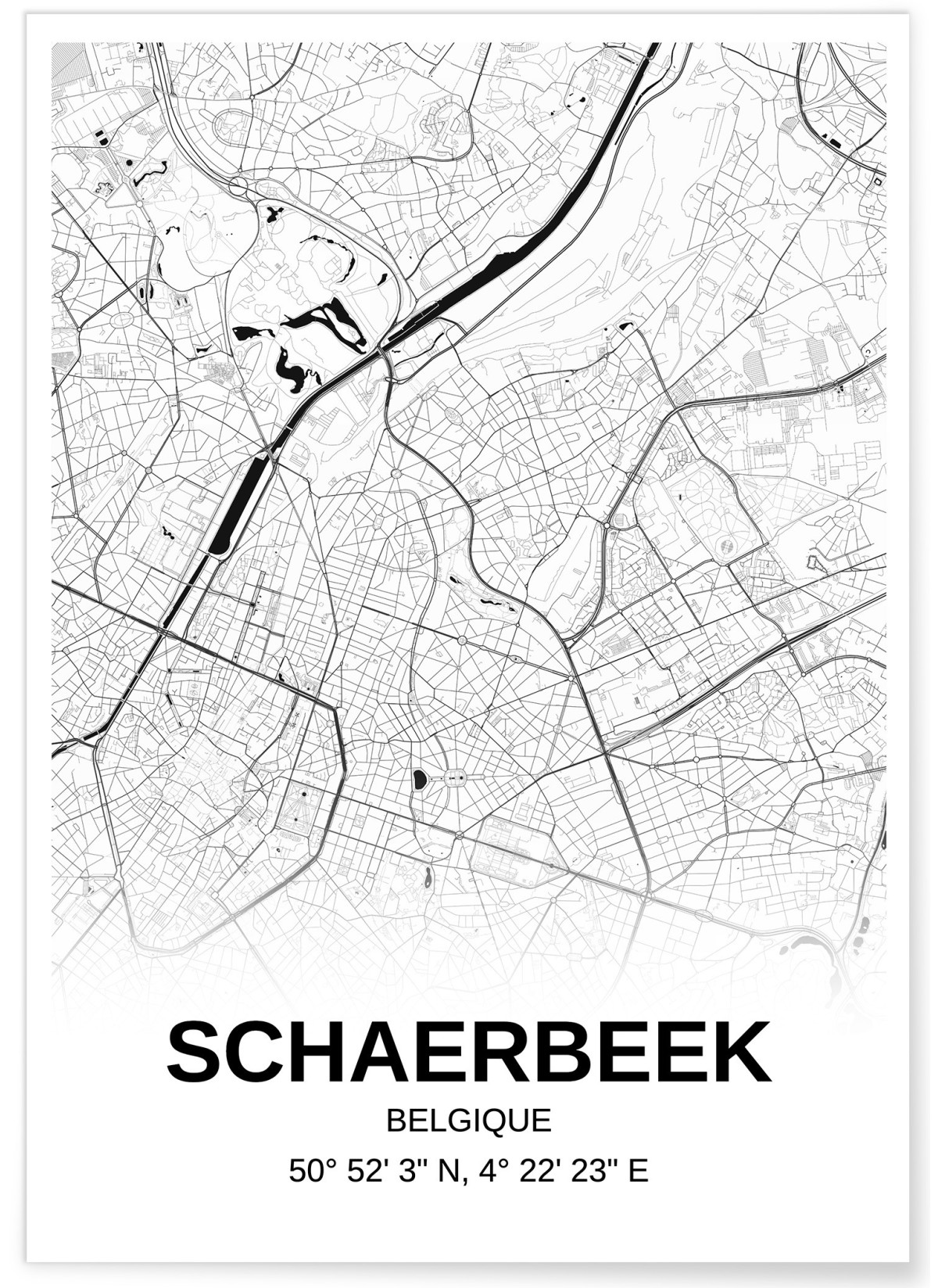 Affiche carte Schaerbeek - rectangle Noir et Blanc