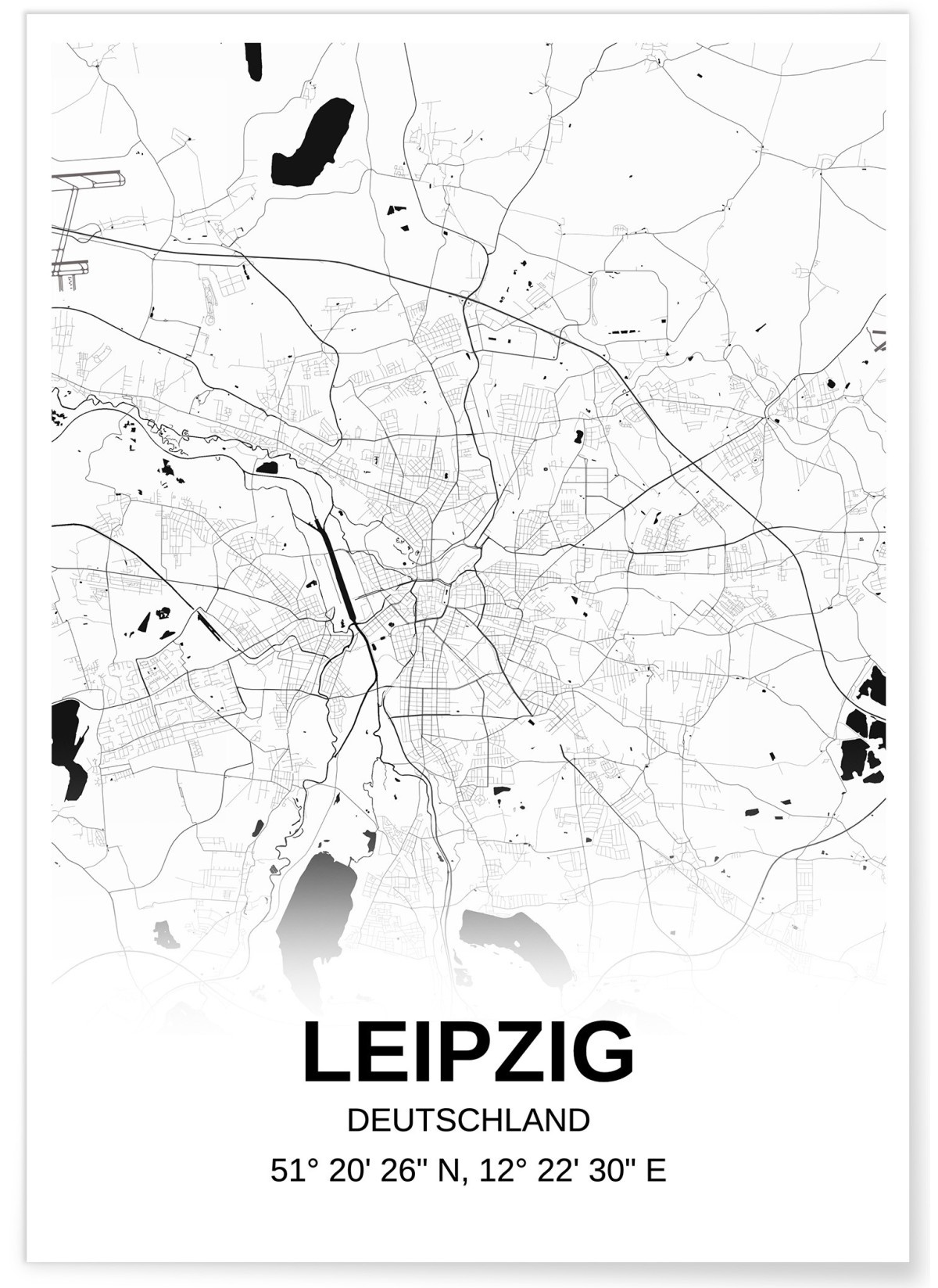 Affiche carte Liepzig - rectangle Noir et Blanc