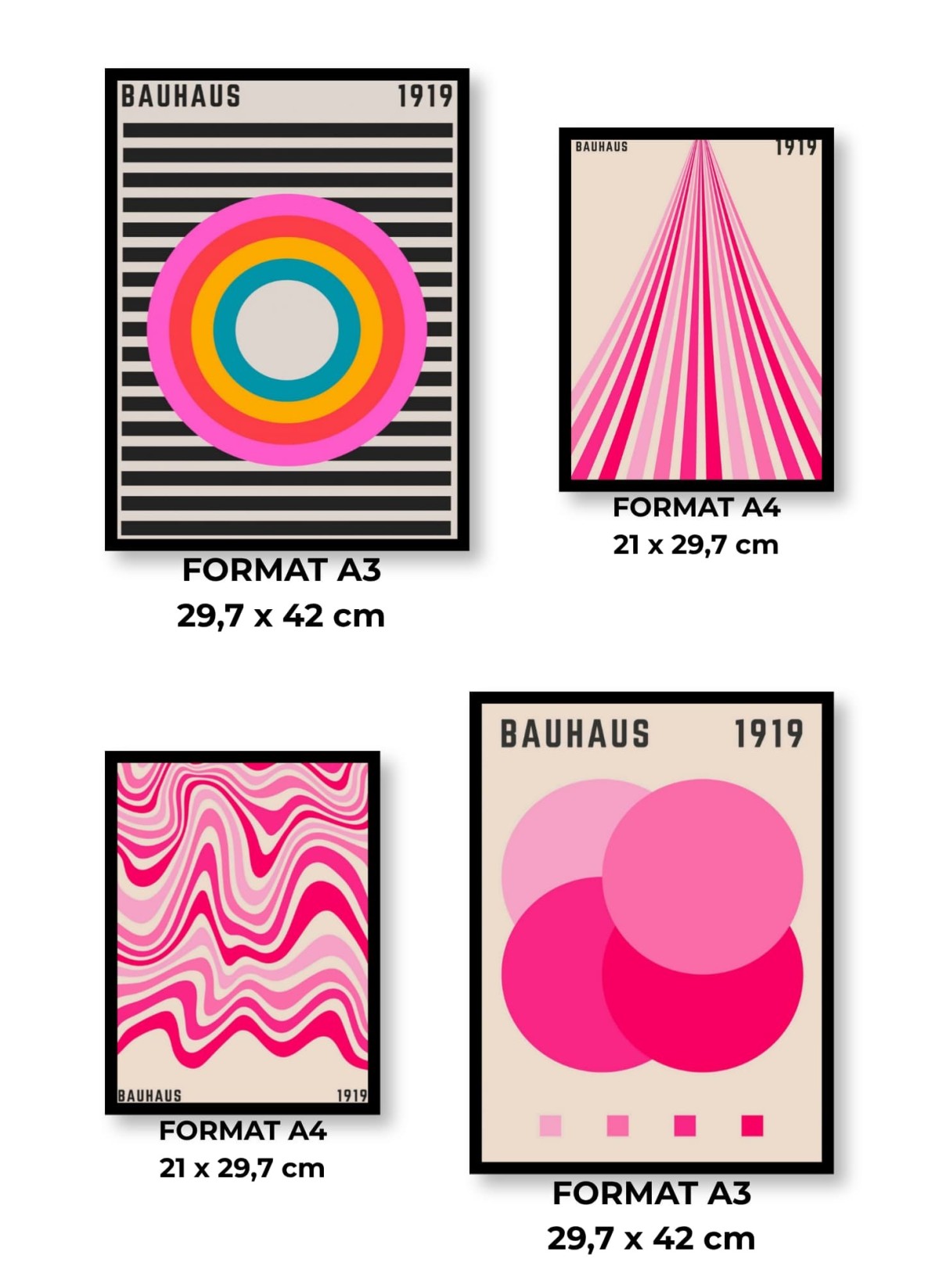 Pack d’affiches encadrées – Bauhaus : 4 affiches et cadres noirs | L’Afficherie