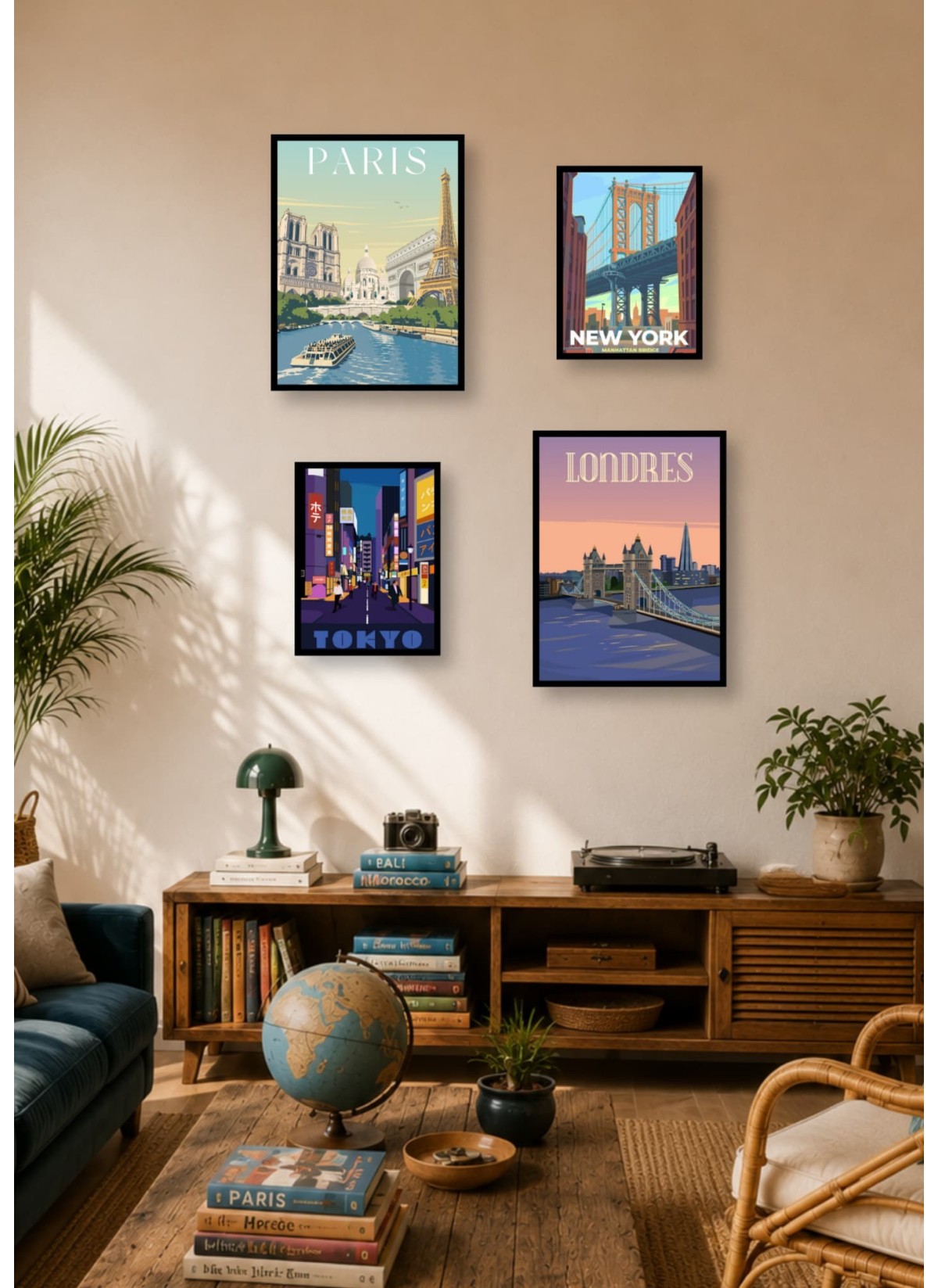 Pack d’affiches encadrées – Illustrations du monde : 4 affiches et cadres noirs | L’Afficherie
