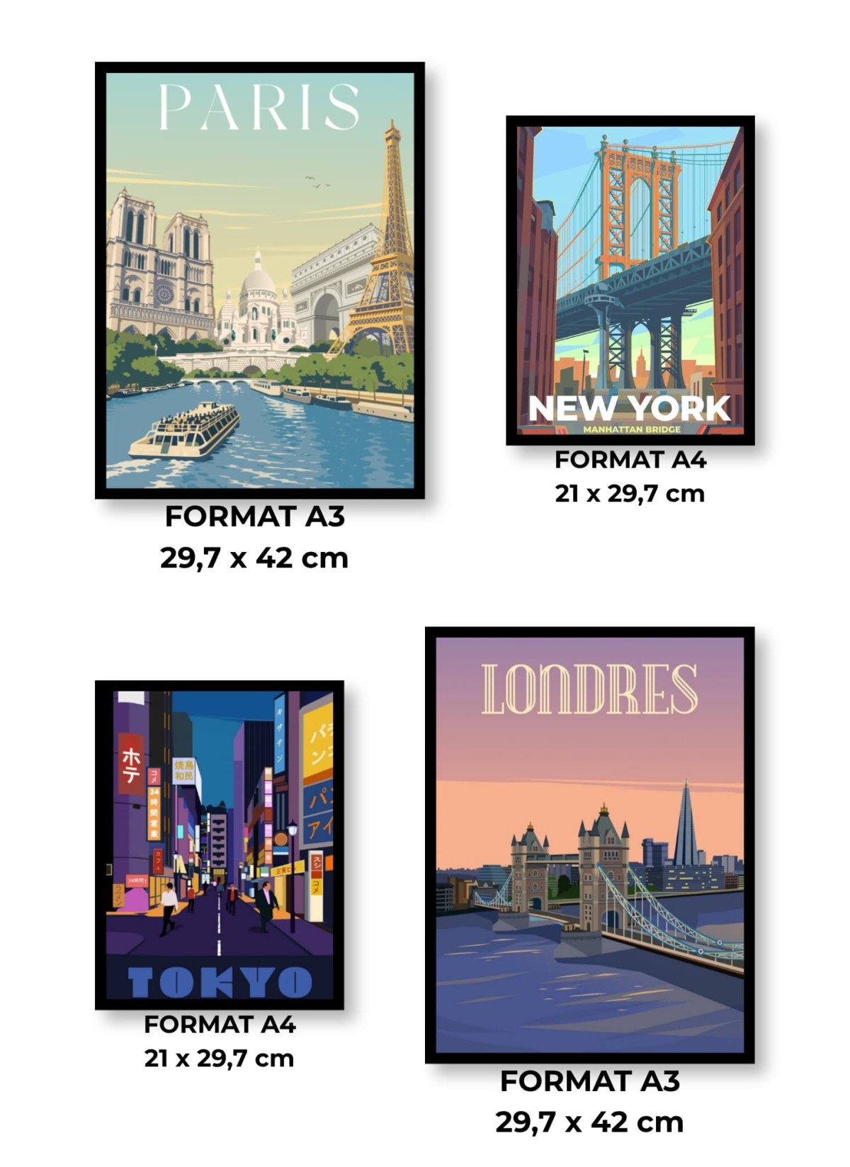 Pack d’affiches encadrées – Illustrations du monde : 4 affiches et cadres noirs | L’Afficherie