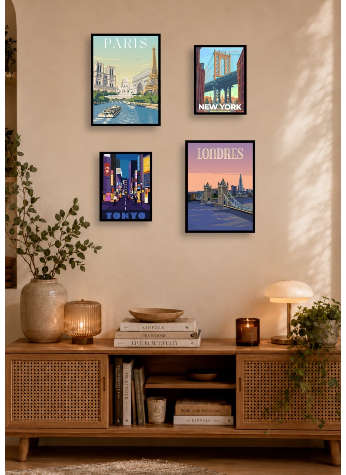 Pack d’affiches encadrées – Illustrations du monde : 4 affiches et cadres noirs | L’Afficherie