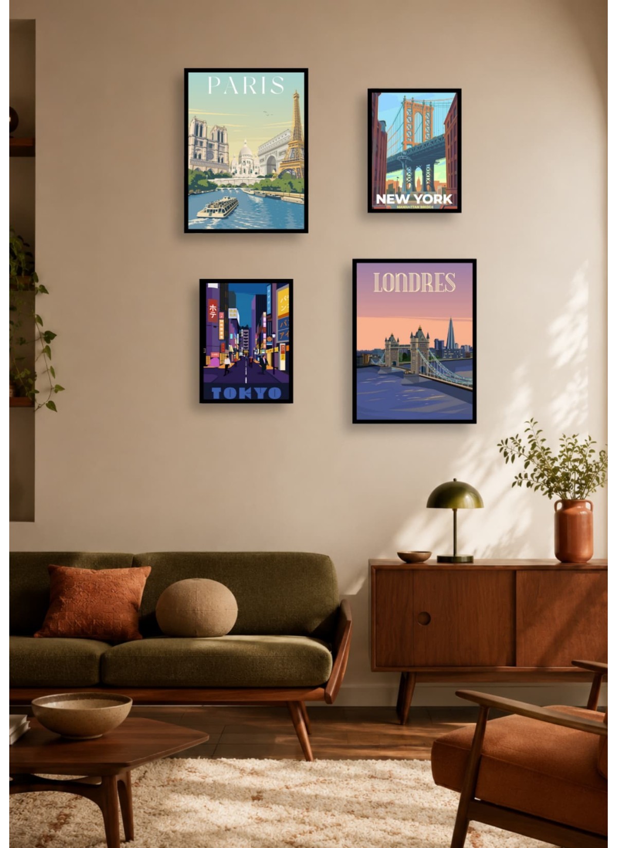 Pack d’affiches encadrées – Illustrations du monde : 4 affiches et cadres noirs | L’Afficherie