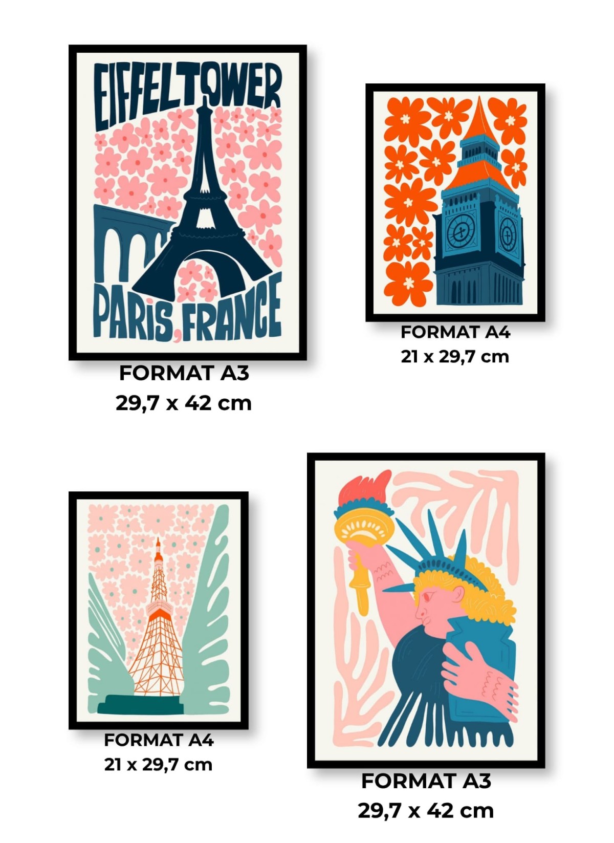 Pack d’affiches encadrées – Peintures du monde : 4 affiches et cadres noirs | L’Afficherie