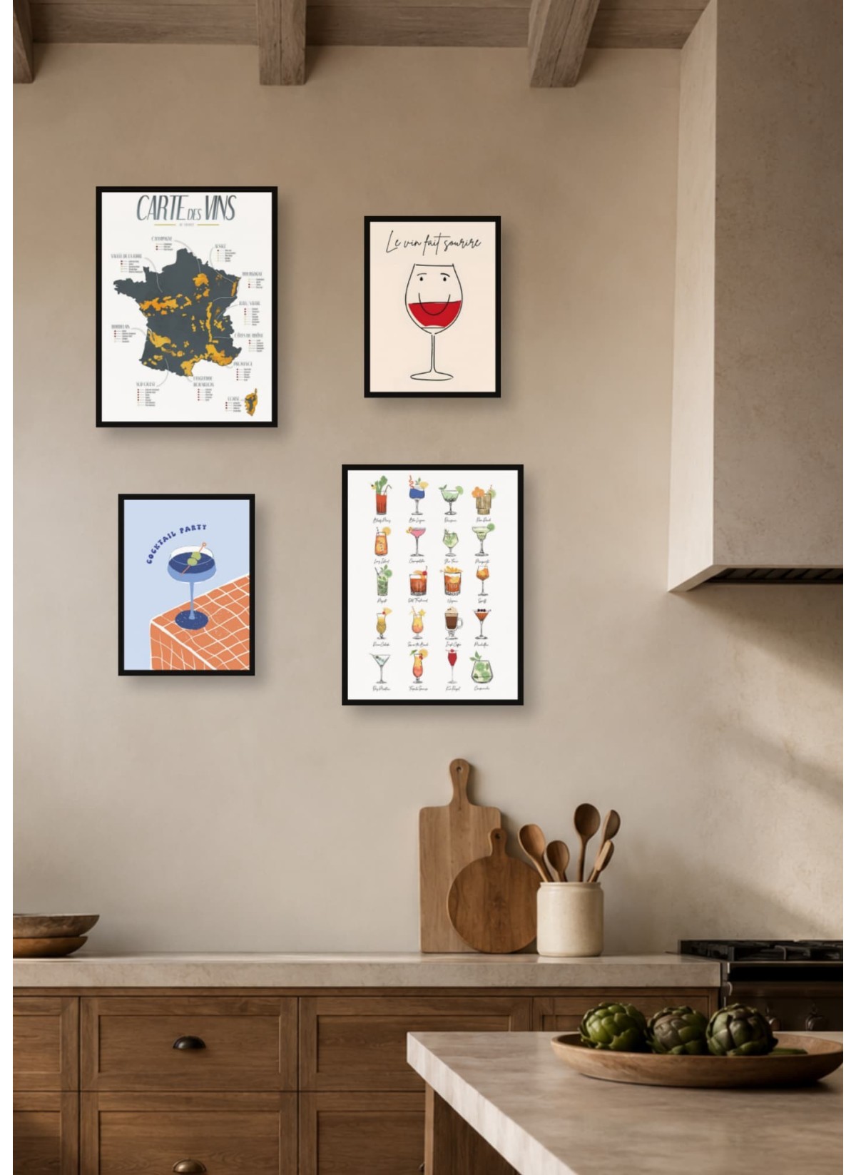 Pack d’affiches encadrées – Cuisine : 4 affiches et cadres noirs | L’Afficherie