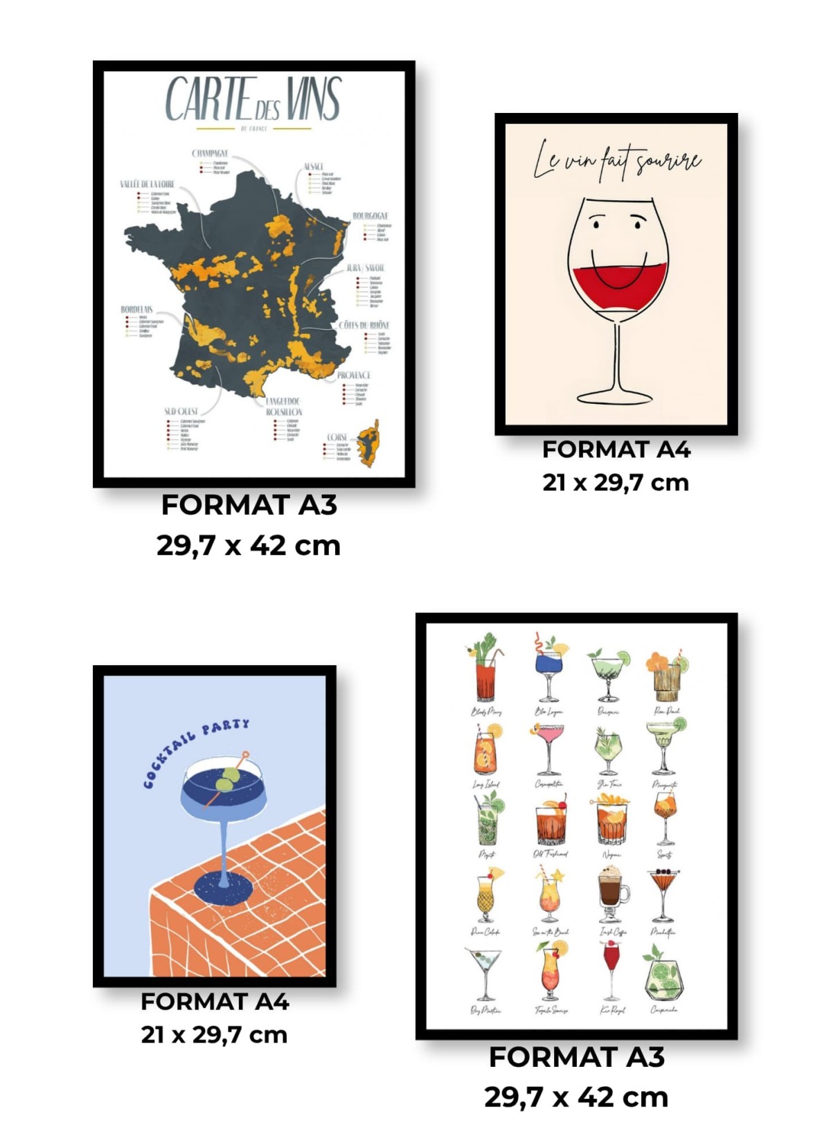 Pack d’affiches encadrées – Cuisine : 4 affiches et cadres noirs | L’Afficherie