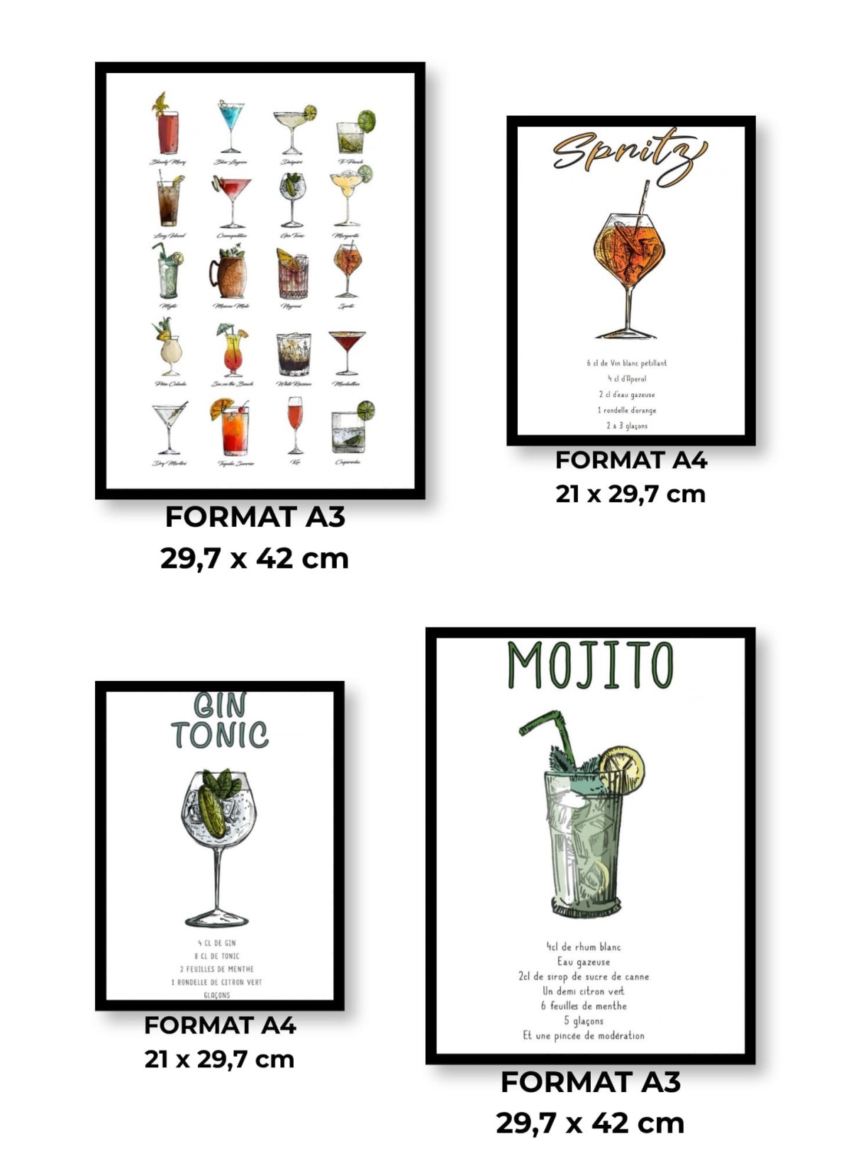 Pack d’affiches encadrées – Cocktails : 4 affiches et cadres noirs | L’Afficherie