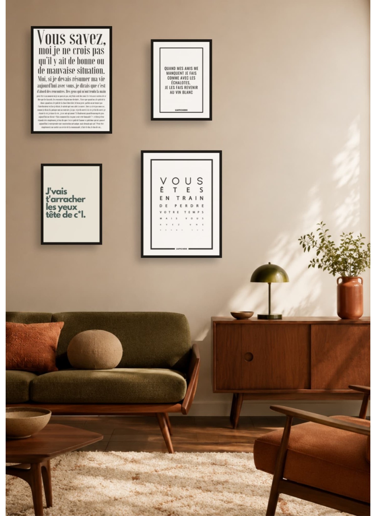 Pack d’affiches encadrées – Humour : 4 affiches et cadres noirs | L’Afficherie