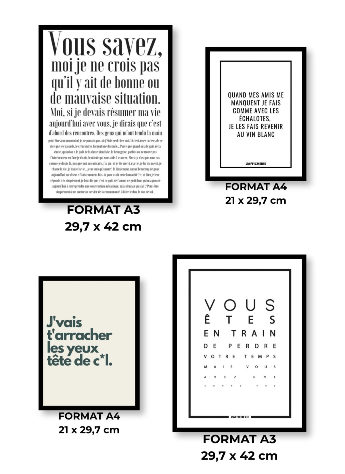 Pack d’affiches encadrées – Humour : 4 affiches et cadres noirs | L’Afficherie
