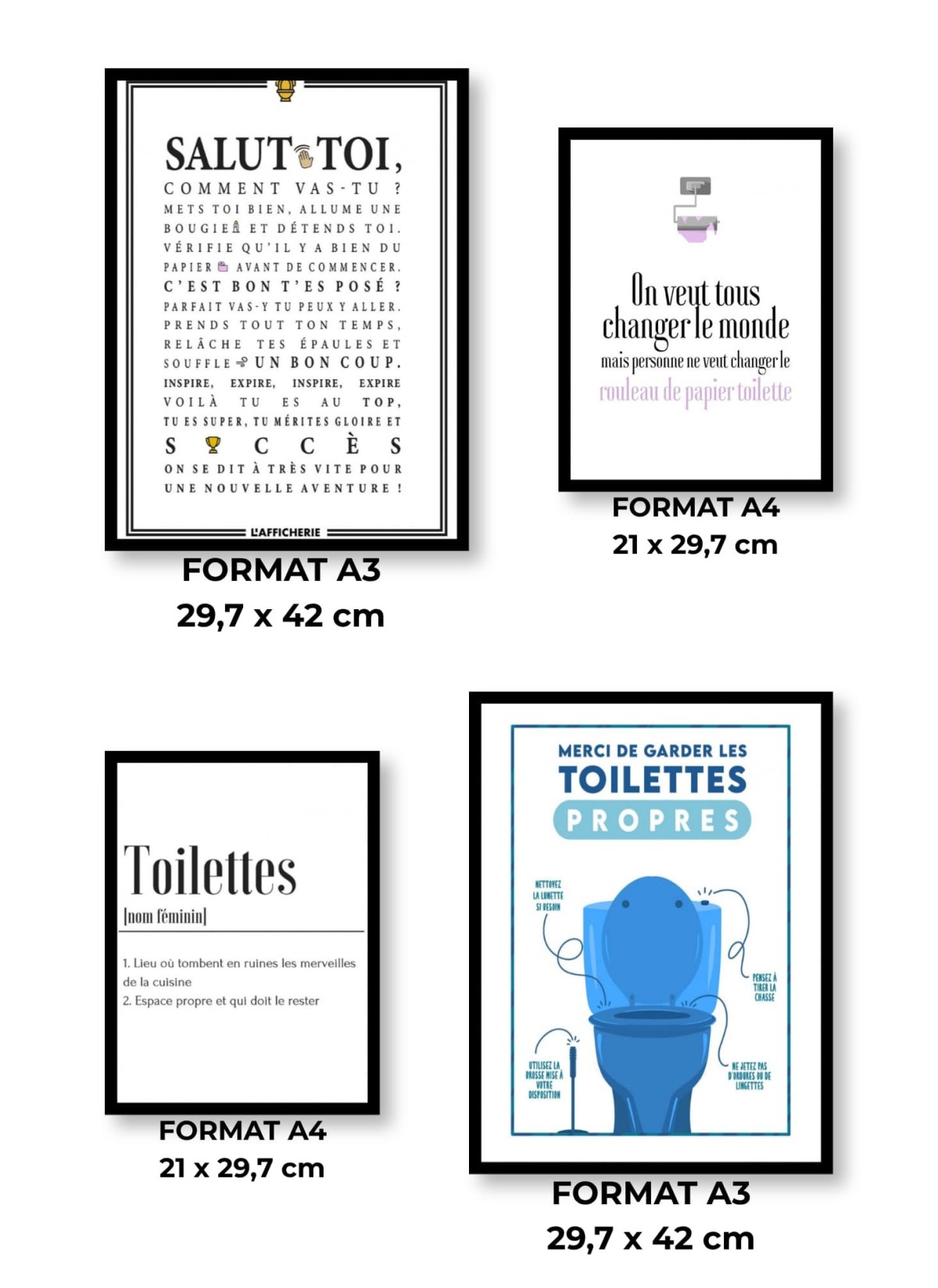 Pack d’affiches encadrées – toilettes : 4 affiches et cadres noirs | L’Afficherie