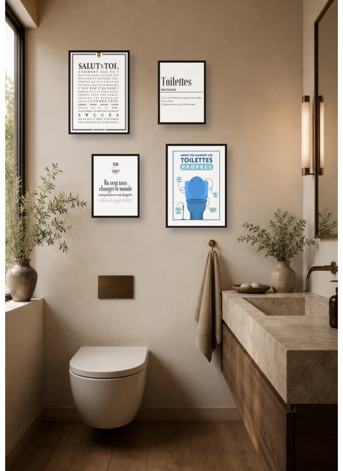 Pack d’affiches encadrées – toilettes : 4 affiches et cadres noirs | L’Afficherie