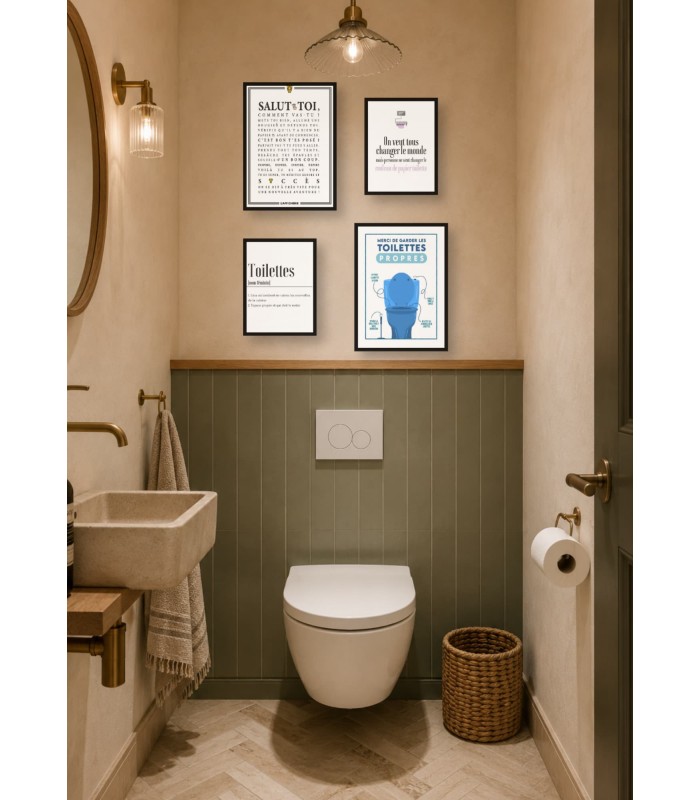 Pack d’affiches encadrées – toilettes : 4 affiches et cadres noirs | L’Afficherie