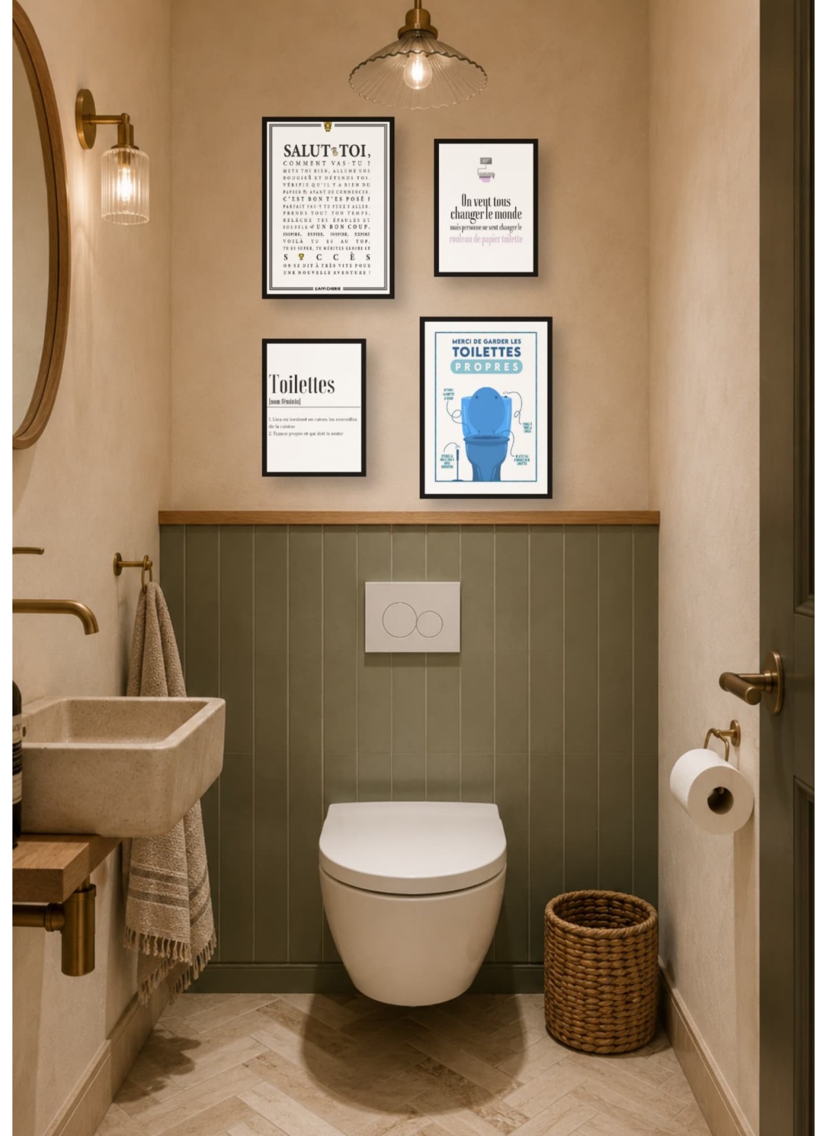 Pack d’affiches encadrées – toilettes : 4 affiches et cadres noirs | L’Afficherie
