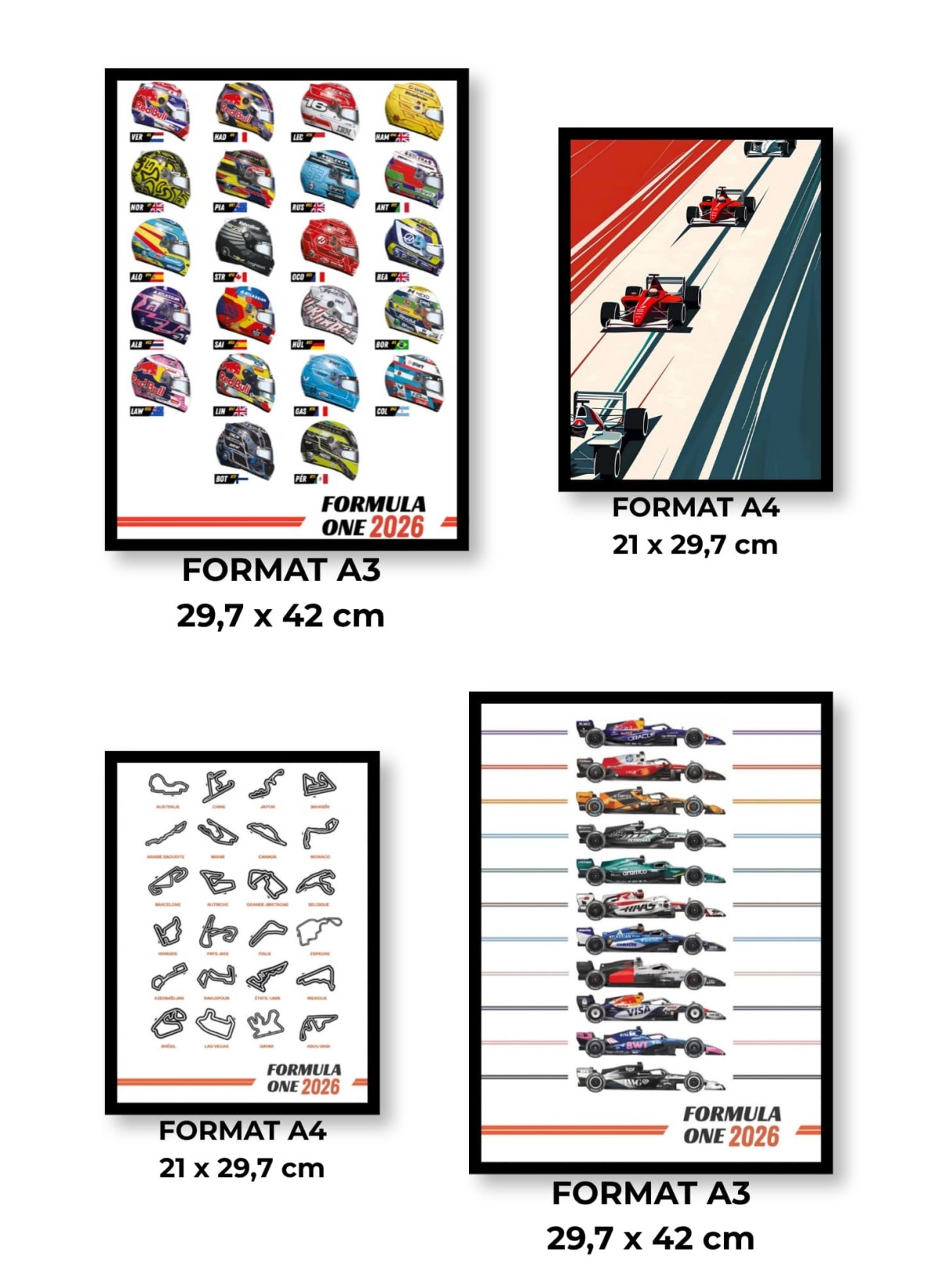 Pack d’affiches encadrées – formule 1 : 4 affiches et cadres noirs | L’Afficherie