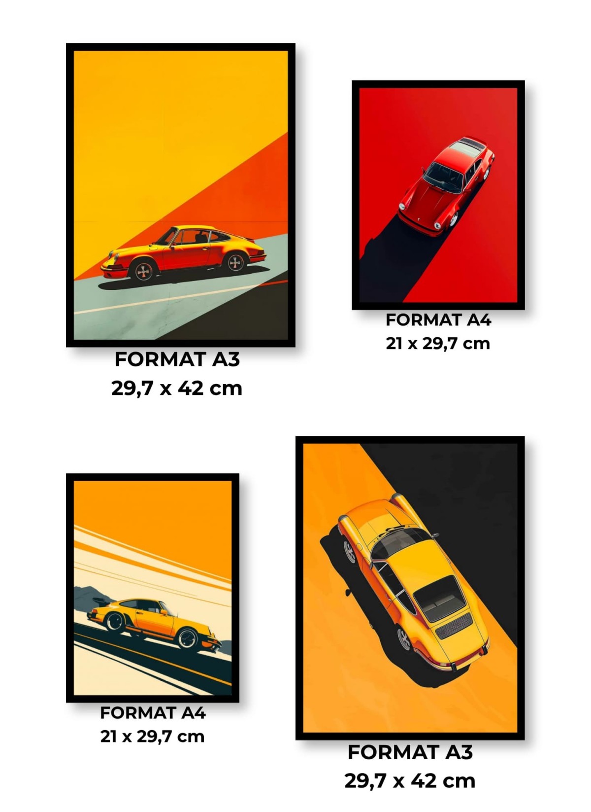 Pack d’affiches encadrées – voitures : 4 affiches et cadres noirs | L’Afficherie