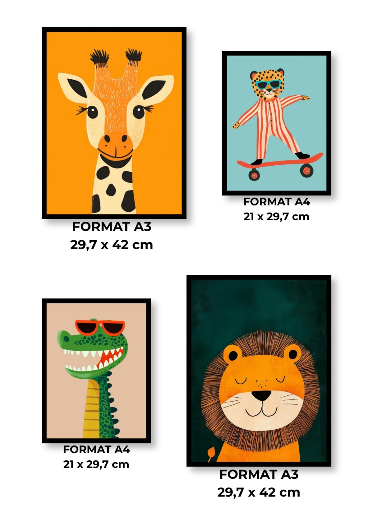 Pack d’affiches encadrées – enfant : 4 affiches et cadres noirs | L’Afficherie